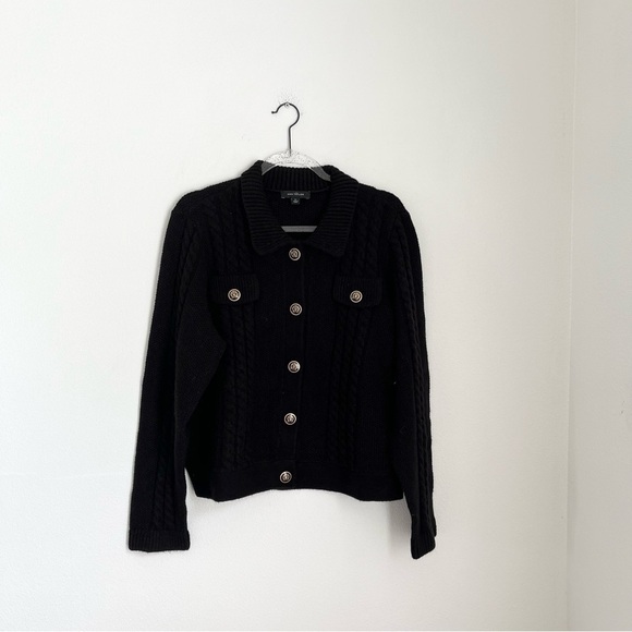 ANN TAYLOR Collared Cable Knet Sweater Black Jacket Size XL - Picture 4 of 13